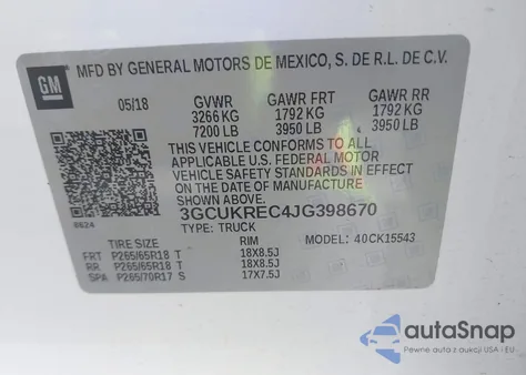2018 Chevrolet Silverado 1500 2Lt from USA, damaged, VIN 3GCUKREC4JG398670